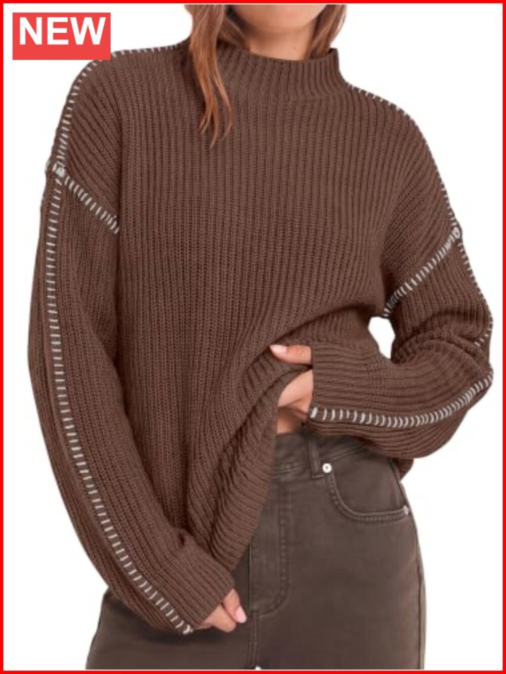 Chunky Knit Contrast Stitch Oversized Sweater Mock Neck Drop Shoulder Pullover